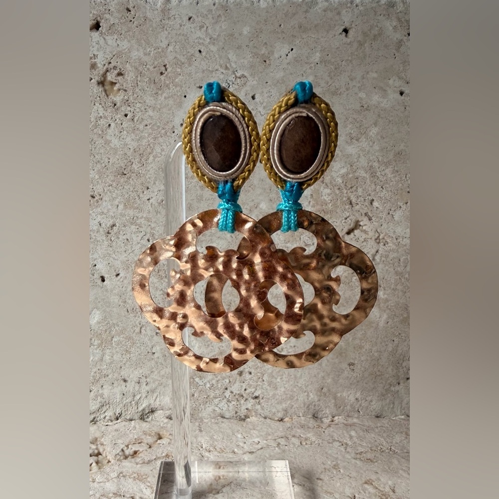 Handmade Boho Statement Earrings | Hammered Copper Turquoise Cord